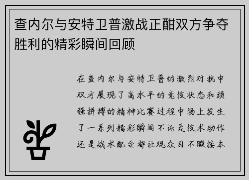 查内尔与安特卫普激战正酣双方争夺胜利的精彩瞬间回顾